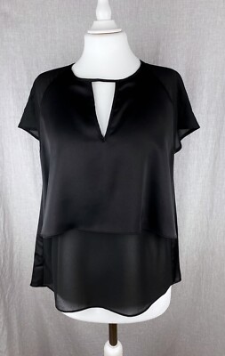 New with Tags SISLEY Black Chiffon & Satin Layered Blouse with Tie-Back, Size XS