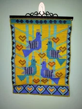 Swedish embroidered wall tapestry folk art love birds hearts Scandinavian   