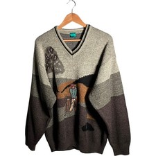 C A Canda Jumper Men's Size L Multicoloured V-Neck Golf Graphic Knit Sweater