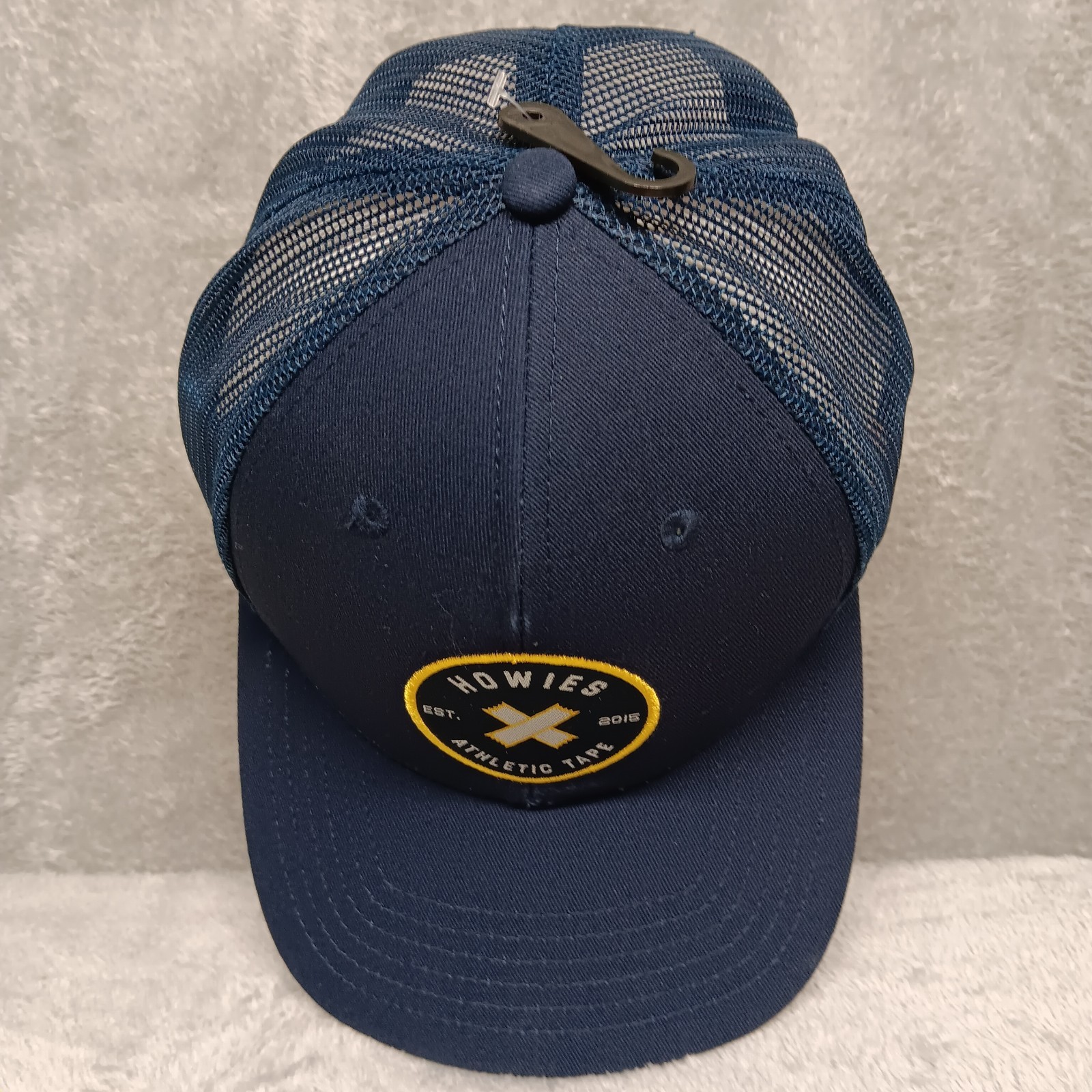 Howies Athletic Tape Hat Cap Crosscheck Logo Patch Navy Blue Snapback Mesh Back