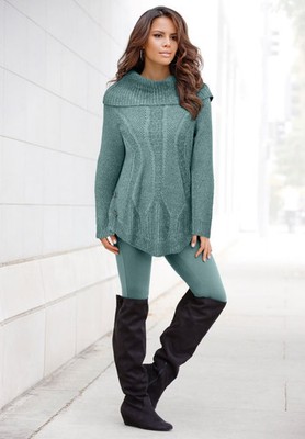 Roaman's Women's Plus Size Cowl Neck Cable Pullover Sweater