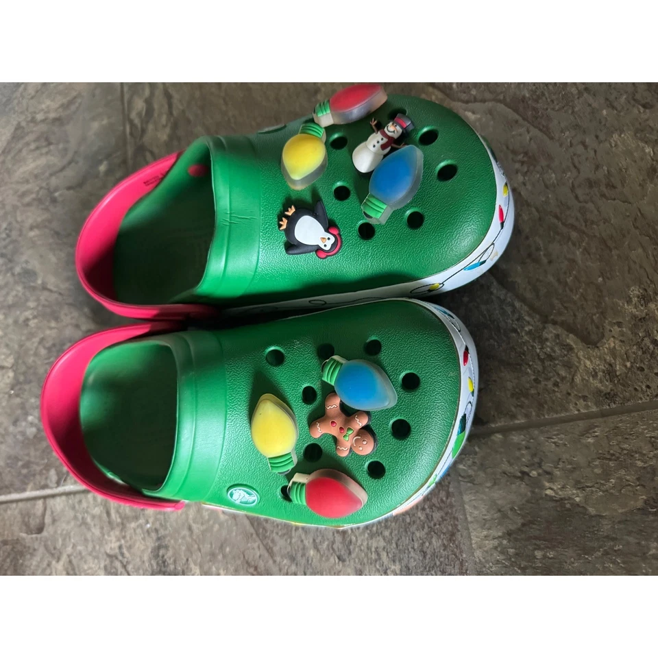 Crocs Christmas Lights Clogs Holiday Jibbitz Green Pink Fun Shoes Size 7 - Image 2 of 4