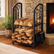 Large Vintage Black Fireside Indoor Wood Burner Log Rack Basket Stand With Tools