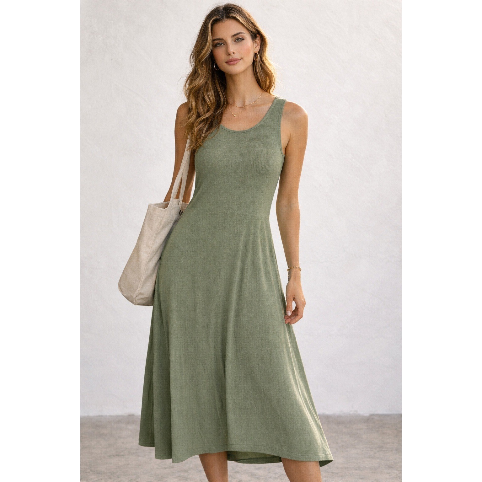 Athleta Olive Green Ribbed Sleeveless Modal Midi Dress Size L Tall