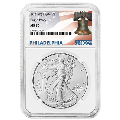 #ad 2025 P $1 American Silver Eagle First Eagle Privy NGC MS70 Liberty Bell Label $119.00