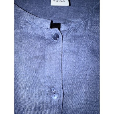 Lagen Look Boho CAROLE LITTLE 1X Blue Linen Long Sleeve Button Front Tunic Top