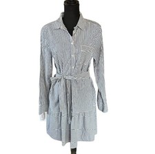 LOFT Blue & White Striped Flounce Shirtdress, size Medium