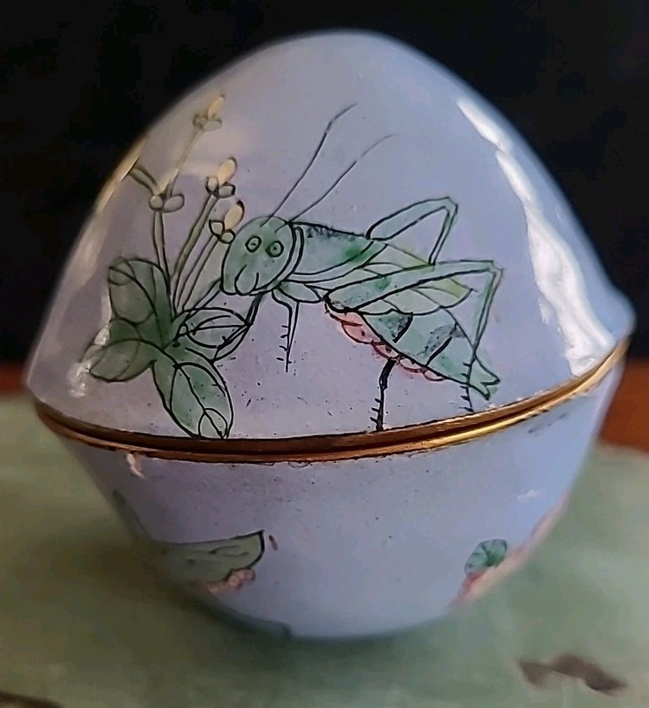 Antique Victorian Blue Hand painted Porcelain Cricket Butterfly Flower Trinket 