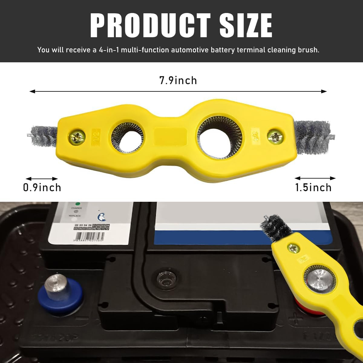 Car Battery Terminal Cleaning Brush, 4 in 1 Steel Wire Brush Heads 1PC Yellow