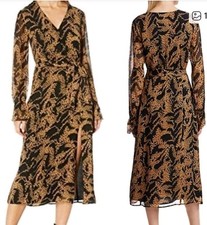 Paige Chamomile Silk Georgette Dress S Hyde Black Mixed Tiger Print Lined Slit 