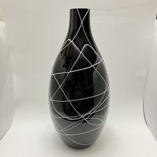 Hand Blown Art Glass Vase 16  Black w White Threads Heavy Quality