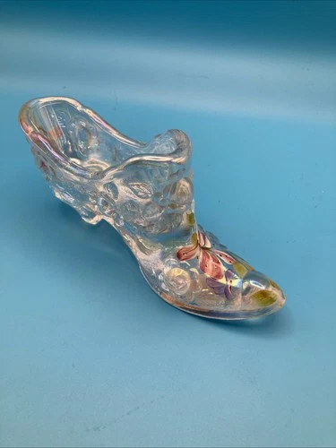 Fenton Iridescent Glass Shoe Slipper Hand Painted Signed Rose Cabbage Flower