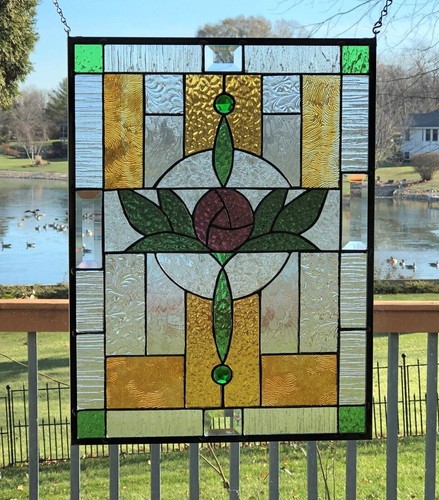 Stained Glass Window Panel Craftsman Arts And Crafts Flower 15 1 2 X 1 2 Ebay