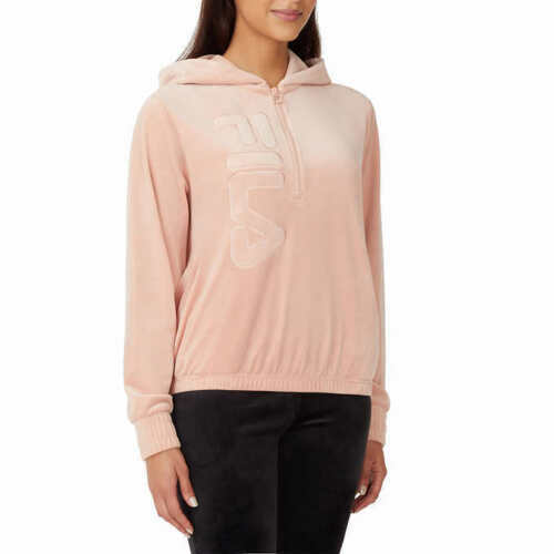 Felpa donna Fila in velluto quarto di zip con cappuccio rosa nebbioso nuova con etichetta taglia S