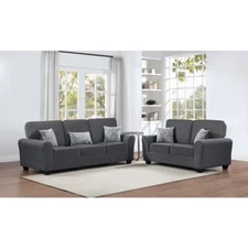 2-Pc Sofa Set w/ 5 Pillows, Living Room Couch Set, Round Armrest, Dark Gray