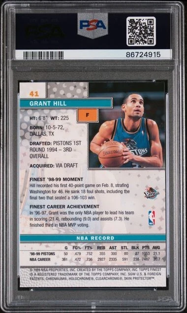 1999 Topps Finest #41 Grant Hill w/ Coating - POP 2 - PSA 10 - Image 2 of 2