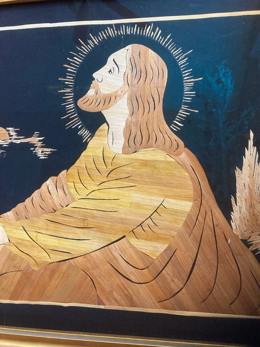 Vintage Jesus Christ Praying Marquetry Picture Wood Frame 19" X 14.5" | eBay