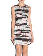 Milly of New York Watercolor Sheath Pleated Dress Fit  Flare Pockets Sz 0