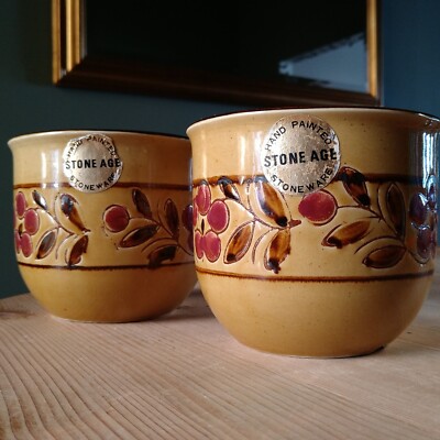 2x Vintage Steinzeit Steinzeug Pflanze Topf Halter Pflanzgefäß Blumen Mitte Jahrhundert Etikett