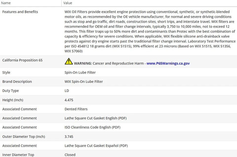 Filtro de aceite de motor OEM WIX para AUDI A4 QUATTRO 2000-2001 V6-2,8 L Foto 3 de 4