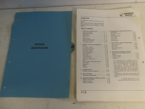 HONDA MTX50 GENUINE HONDA WORKSHOP MANUAL ADDENDUM - Picture 2 of 2