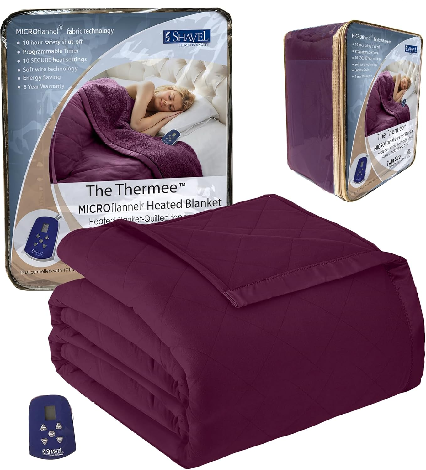Micro Flannel Twin-Size Electric Heated Blanket, 10 Heat Settings with Timer & S