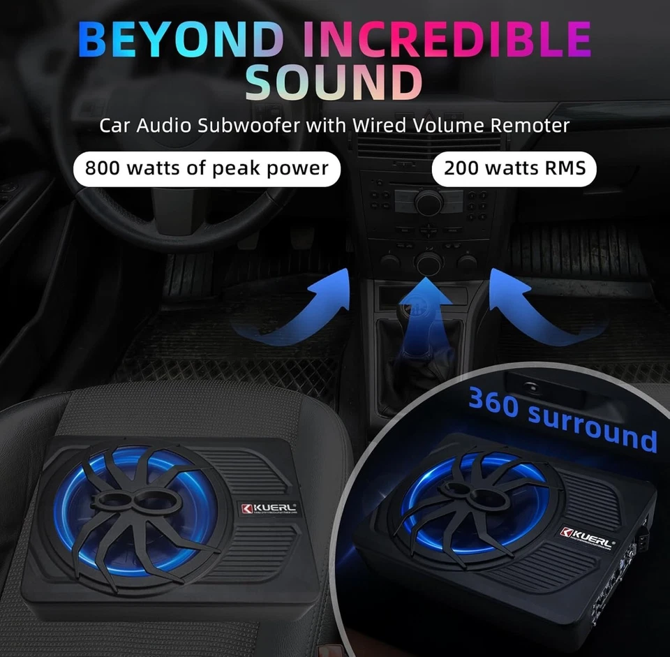 800W Slim Under Seat Car Subwoofer with Built-in Amplifier and Multi-Colors LED - Image 2 of 4