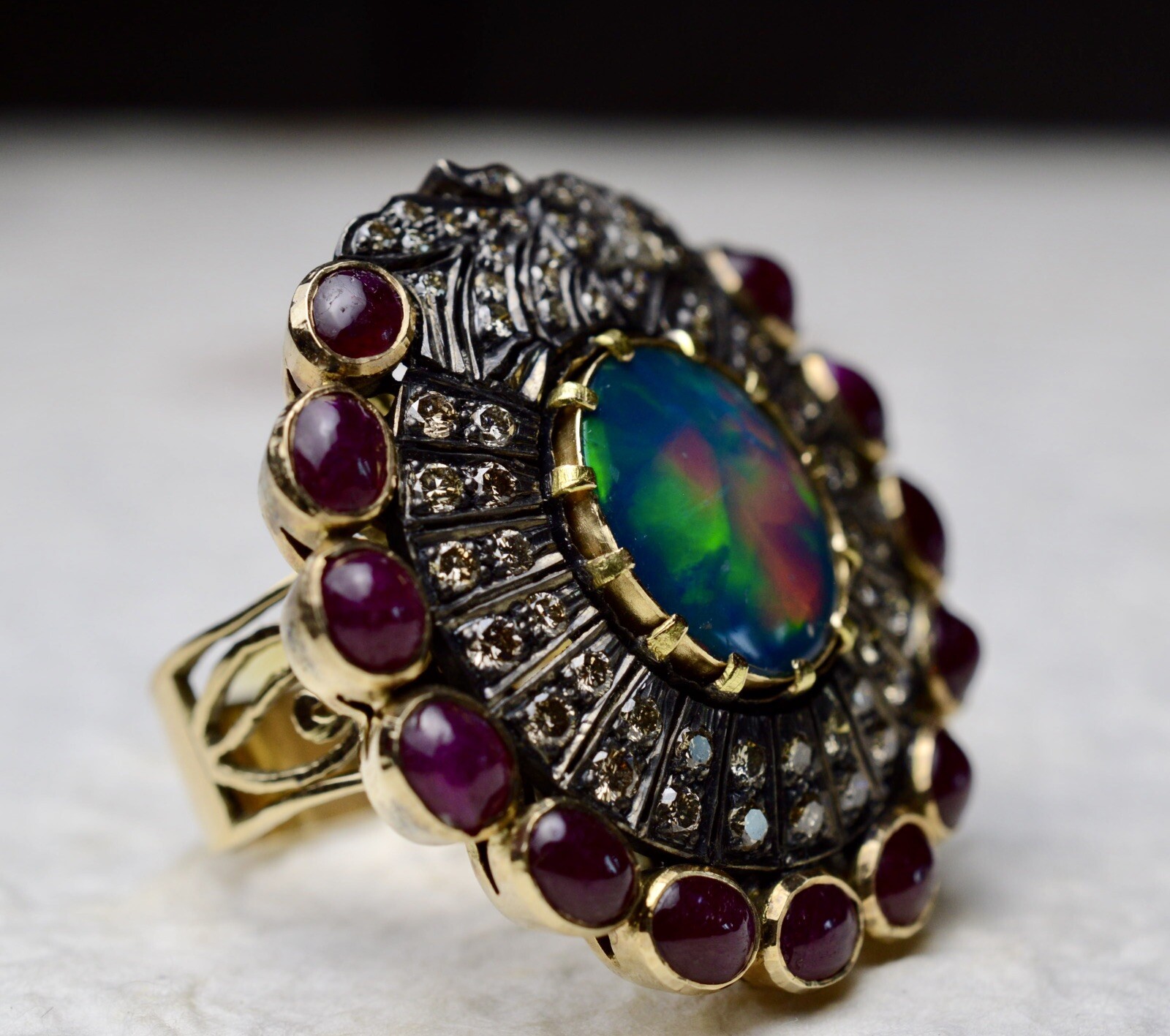 Opal Ruby Diamond Huge Shield Ring 14K Solid Gold… - image 6