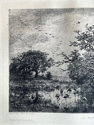 Gravure Originale Daubigny - Eau-forte "Le Marais Aux Cigognes En Alsace", XIXe Siècle
