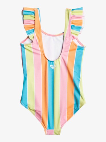 Roxy Girls 5 Colors of The Sun Ruffle 1 Pc Swimsuit Blue Pink Green Stripe - Picture 2 of 3