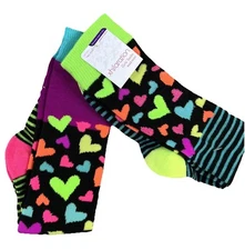 Knee Highs Socks Girls Size 9-2.5 2 pairs Bright Stripes Hearts & Color Blocks