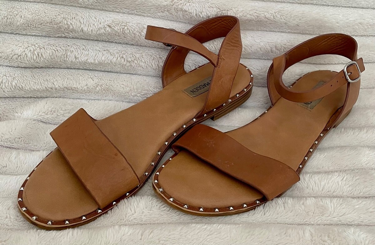 Steve Madden Theories Leather Ankle Strap Stud Flat Cognac