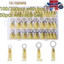 50-200Pcs Ring Eyelet Heat Shrink Wire 12-10AWG GA Gauge Connectors Terminals