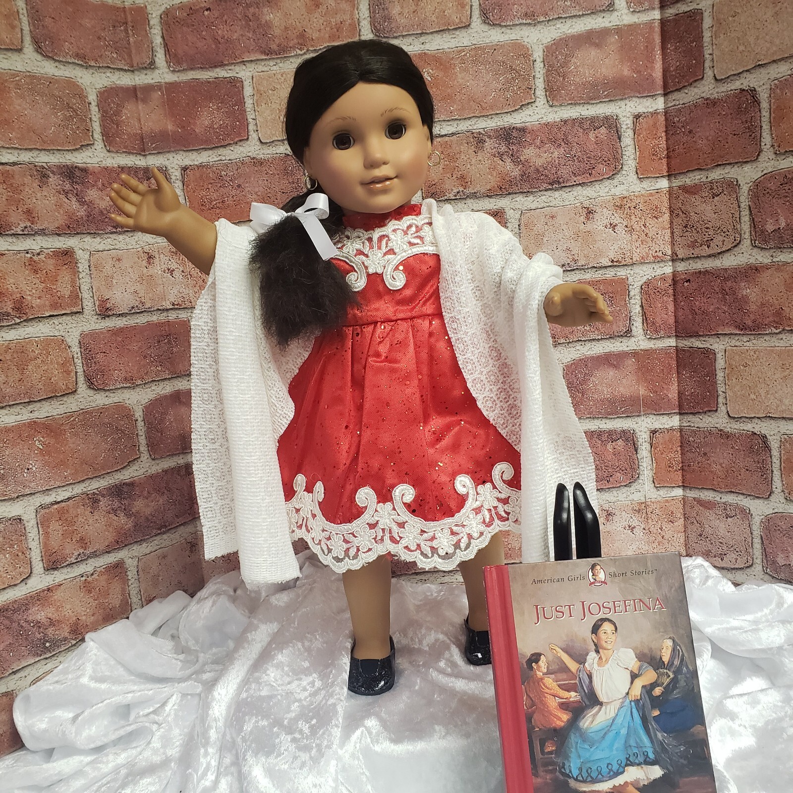 American Girl Doll Josefina Refurb 18" Red Christmas Dress Shaw with