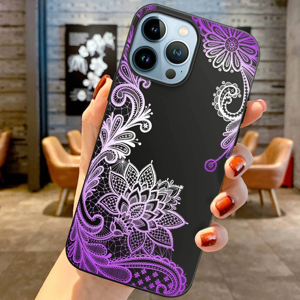 Phone Case For Apple iPhone 14 Pro Max 13 12 15 Flower Lace Protective TPU Cover