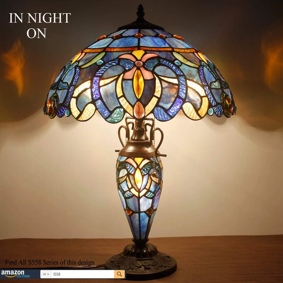 Lámpara de mesa estilo Tiffany azul púrpura nublado vitral madre-hija Vas... Foto 4 de 4