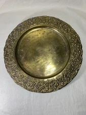 Vintage Ornate Border Brass Charger Plate Set Of 4 - tarnish