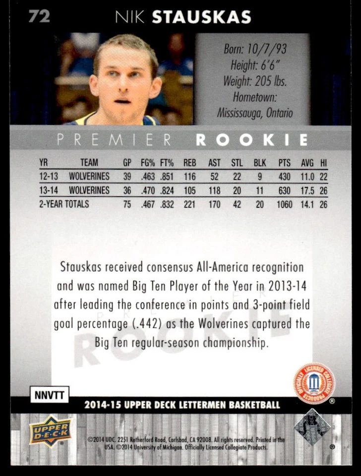 2014-15 Upper Deck Lettermen Nik Stauskas Rookie /499 - Image 2 of 2