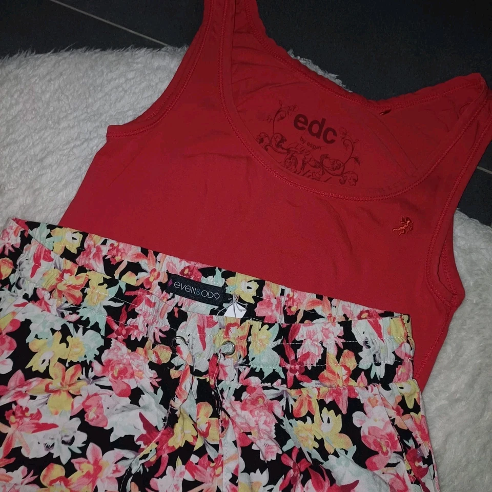 Schlafanzug S 36 38 Esprit Schlafshirt rot Even&Odd Schlafhose blumen TopZustand - Bild 3 von 4