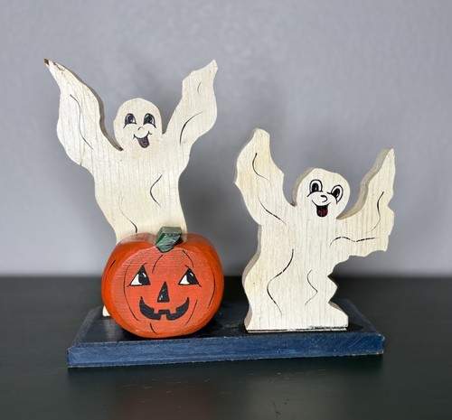 Vintage Handmade Wood Halloween Pumpkin Jack-O-Lantern Ghost Decor Folk Art