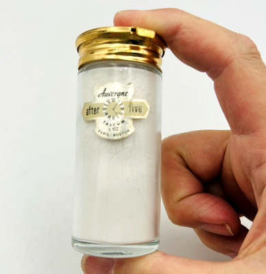 Vintage After Five Talcum Dusting Powder 1 oz Gold Cap Glass Bottle Travel New