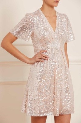 Brandneu mit Etikett £460 Needle & Thread Mila Kleid UK 10 hellrosa Pailletten V-Ausschnitt Hochzeit Party