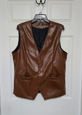Lars Amadeus Brown Faux Leather Vest Men s Large Lined Motorcycle Style