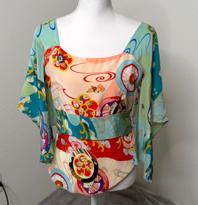 Y2K 90's Kimono Asian Silk Artsy Eclectic Tie Back Top Multicolor Sz 12