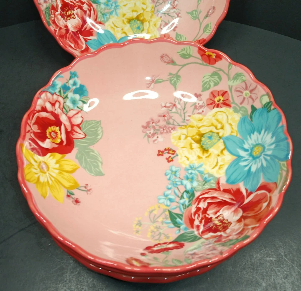 The Pioneer Woman extravagante tigelas de macarrão rosa florido 7,5"W conjunto de borda de vieira 4 - Imagem 3 de 4