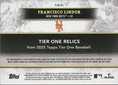 Francisco Lindor 2025 Tier One Game Worn Jersey Patch New York
