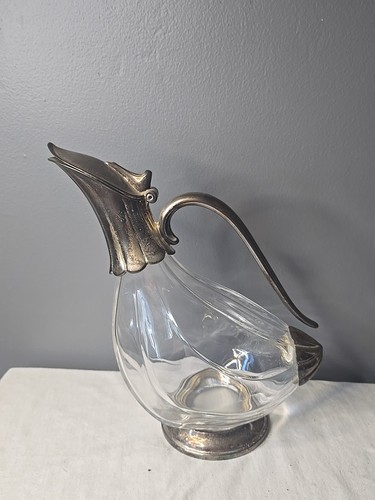 Vintage Duck Crystal Decanter Silver Plated Beak & Stand 9.5” Tall