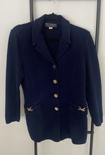 St. John Collection Marie Gray Knit Jacket Navy Blue Gold Button Blazer Sz 4