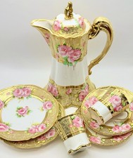Antique RC Nippon Chocolate Pot Roses Cups Saucers Hand Painted Applied Gold