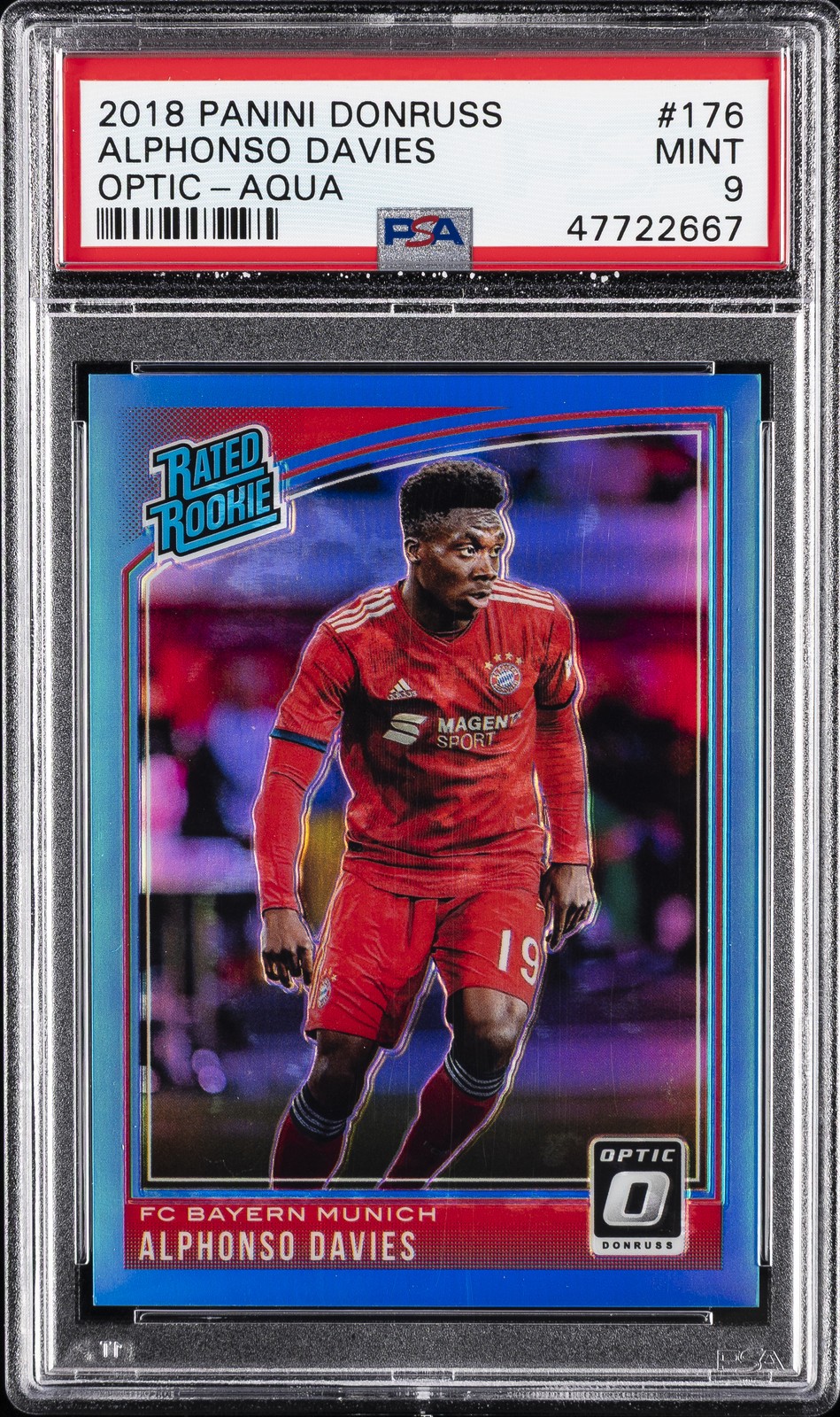 2018 PANINI DONRUSS OPTIC-AQUA #176 ALPHONSO DAVIES #/149 PSA 9